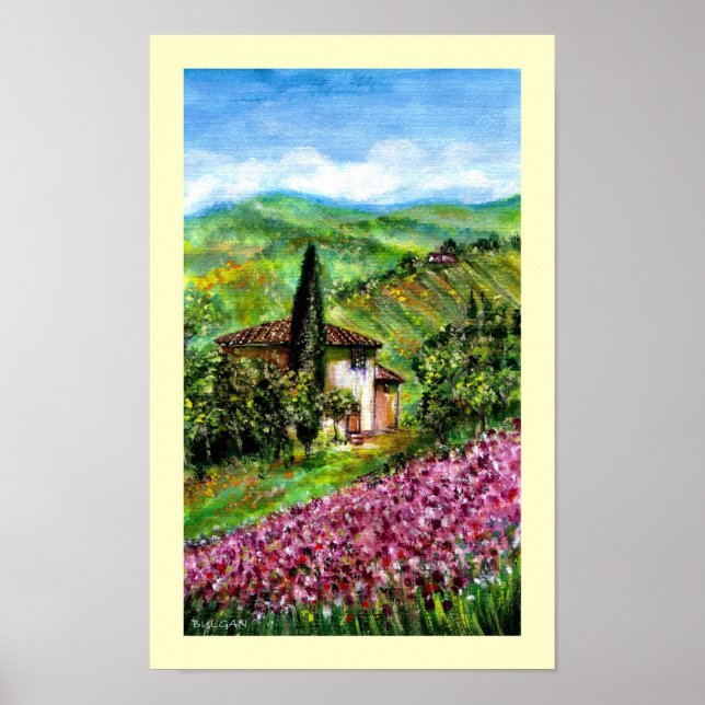 POSTER CHAMPS D'IRIS PURPLE DANS LE PAYSAGE VERT TUSCANS (Devant)