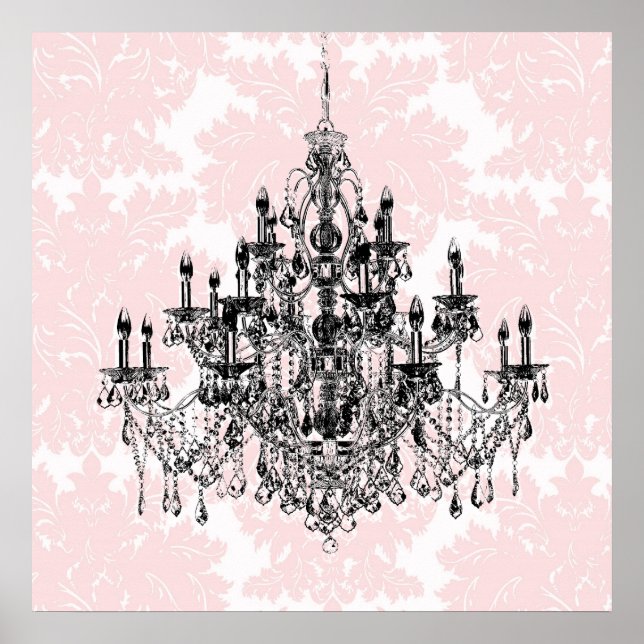 Poster Chandelier rose Damas Art mur Imprimer (Devant)