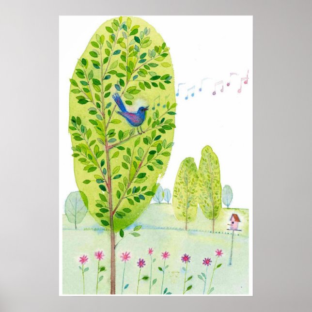 Poster chant d'oiseau lunaire Aquarelle (Devant)