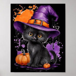 Poster Chapeau de sorcière de chat noir Halloween mignon