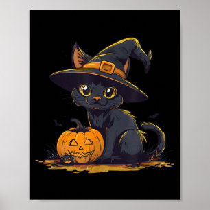 Poster Chapeau de sorcière de chat noir Halloween mignon 