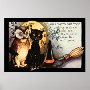 Poster Chapeau de sorcière pleine lune chat noir hibou
