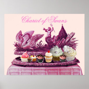 POSTER CHAR CHARGÉ DE CYGNE ET GATEAUX ROSE ANTIQUE