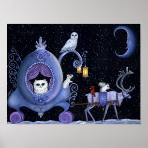 Poster Chariot bleu de chat hiver chouette enneigée cerf 