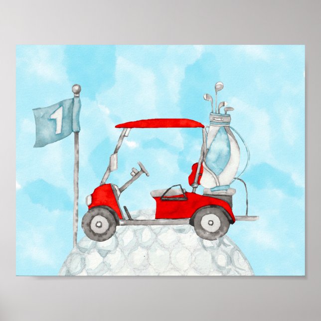 Poster Chariot de golf avec balle de golf et drapeau d'aq (Devant)