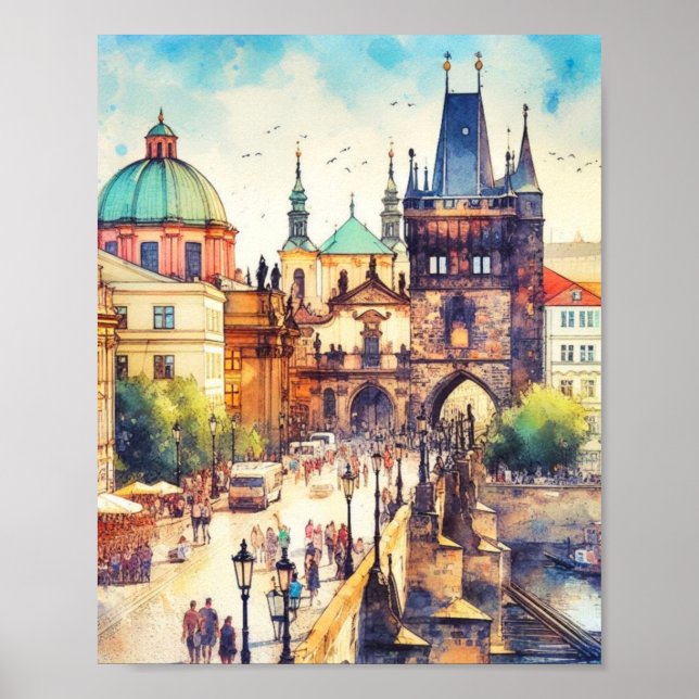 Poster Charles Bridge Prague République Tchèque Aquarelle (Devant)