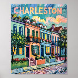 Poster Charleston Rainbow Row Van Gogh Style peinture à l