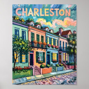 Poster Charleston Rainbow Row Van Gogh Style peinture à l