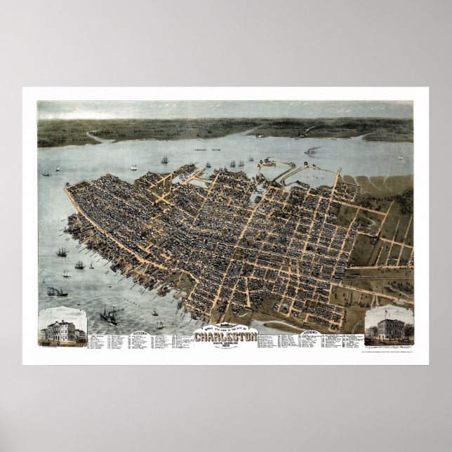 Poster Charleston, SC Carte panoramique - 1872 (Devant)