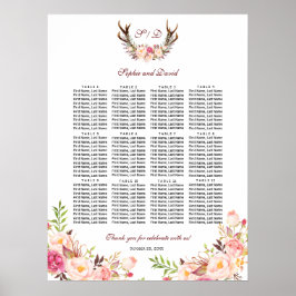 Poster Charm Blush Flowers Antlers Mariage Seating Chart
