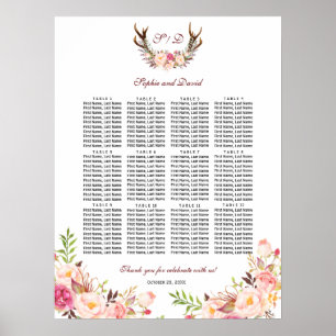 Poster Charm Blush Flowers Antlers Mariage Seating Chart