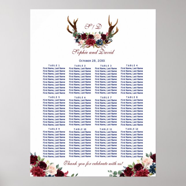 Poster Charm Merlot Marine Floral Antlers Carte des siège (Devant)