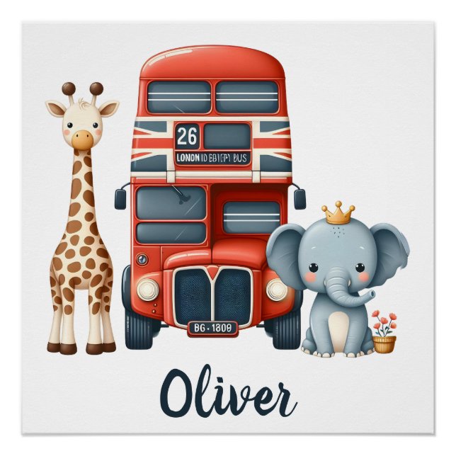 Poster Charmant bus de Londres avec girafe et éléphant (Devant)