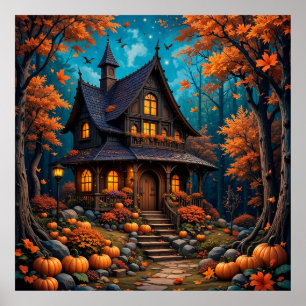 Poster Charmant chalet avec Citrouilles dans une forêt d'