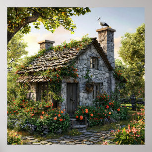 Poster Charmant cottage en pierre entouré d'un jardin lux