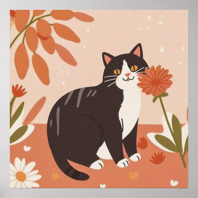 Poster Charmant Kitty doux aux fleurs (Devant)