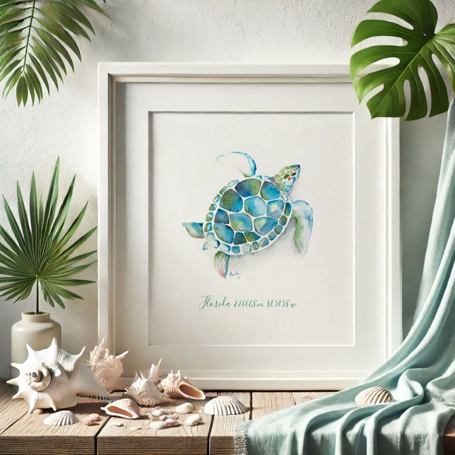 Poster Charmant turquoise bleu Aquarelle Tortue de mer (Florida beach pictures watercolor sea turtle art by Victoria Grigaliunas of Do Tell A Belle)