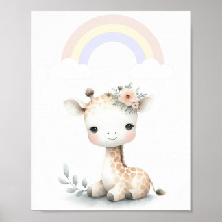 Poster Charmante Girafe Avec Pastel Arc En Ciel