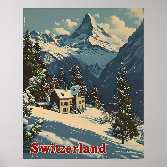 Poster Charme alpin : Carte postale Village Suisse Vintag (Devant)