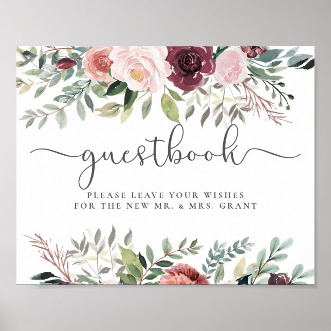 Poster Charme rustique Bourgogne Blush rose Mariage Flora (Devant)