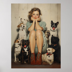 Poster Charme vintage = Une jeune femme entourée de chien