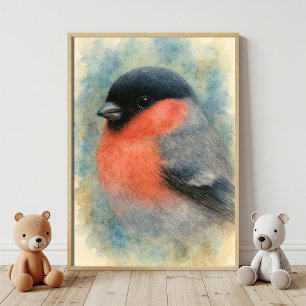 Poster Charming Aquarelle Bullfinch Oiseau Art
