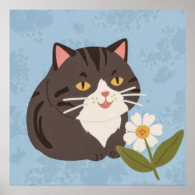 Poster Charming Cute Grey Chat avec un Chamomile FLower (Devant)
