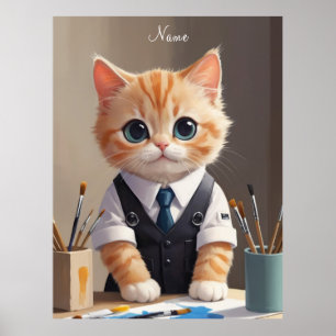 Poster Charming Ginger Cat Artiste avec pinceaux mignonne