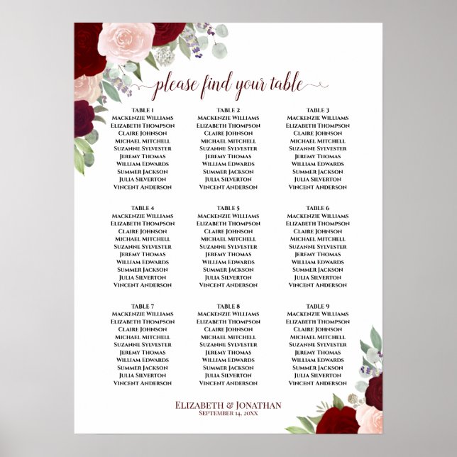 Poster Chart de placement de mariage à 9 tables avec rose (Devant)