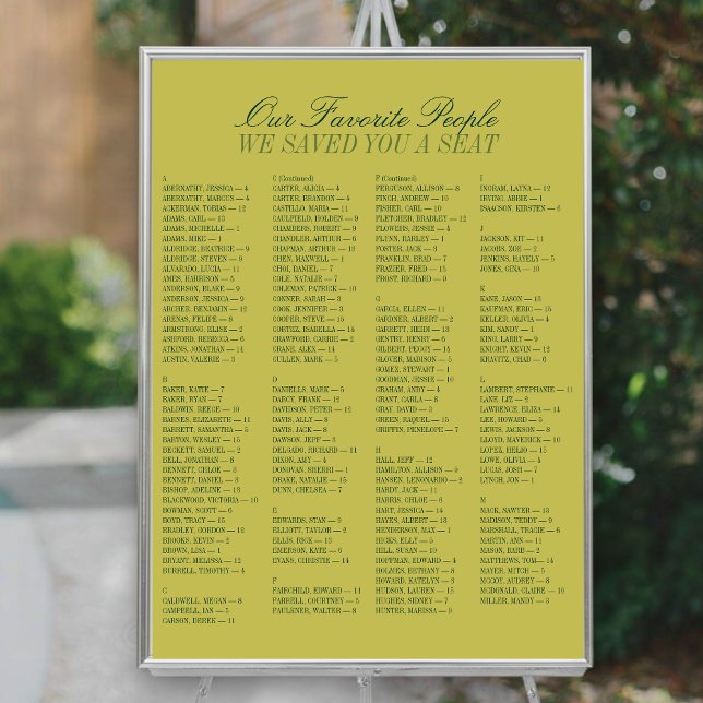 Poster Chartreuse Alphabetical Wedding Seating Chart (Chartreuse Alphabetical Wedding Seating Chart)