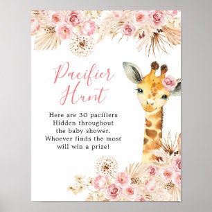 Poster Chasse au Baby shower de girafe de Boho rose pâle