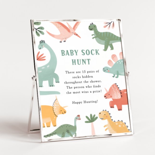 Poster Chasse aux chos de dinosaures (Dinosaur Baby Sock Hunt Game Sign Poster by Painted Paperie)