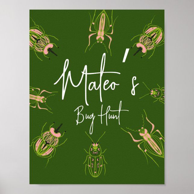 Poster Chasse aux insectes Anniversaire dessinés à la mai (Devant)