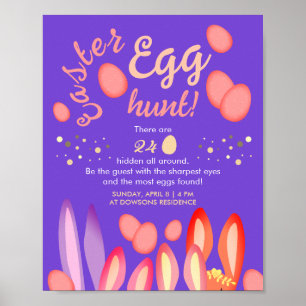 Poster Chasse Aux Oeufs De Pâques Avec Lapins Sur Purple