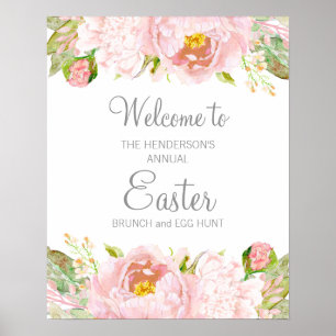 Poster Chasse aux œufs de Pâques brunch floral rose pâle
