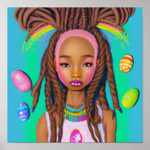 Poster Chasse aux oeufs de Pâques Fille noire Magie Melan