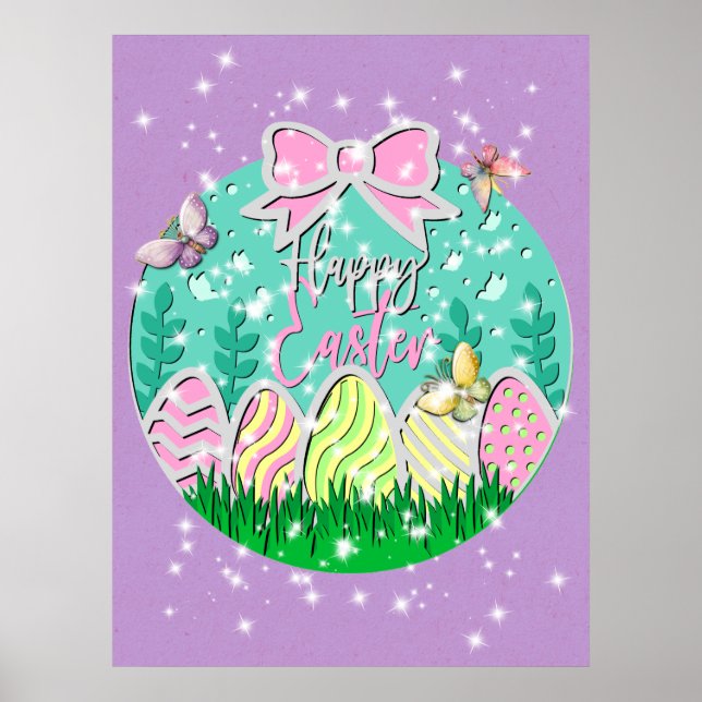 Poster Chasse aux oeufs de Pâques mignonne et papillons c (Devant)