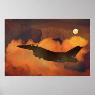 Poster Chasseur Air Plan F-16 Ciel de Nuit Nuages Lune