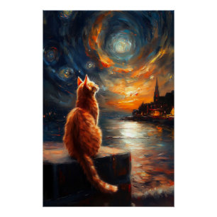 Poster Chat à gingembre contemplatif   Ciel nocturne étoi