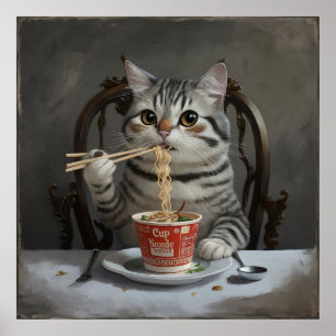 Poster Chat À Rayures Profitant Des Nouilles De Coupe