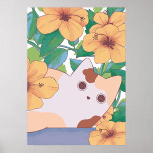 Poster Chat adorable avec des fleurs