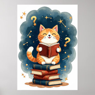 Poster Chat amateur de livre dans l'espace lisant une con