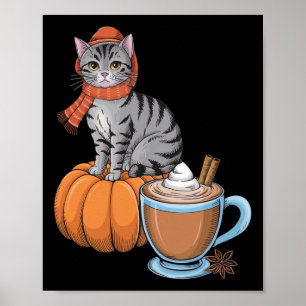 Poster Chat amusant Citrouille épice café Thanksgiving Au