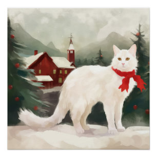 Poster Chat Angora turc en Noël de neige