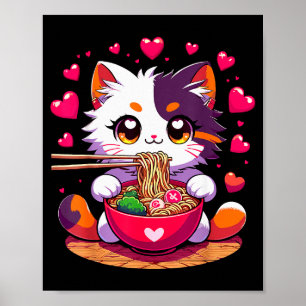 Poster Chat Anime Mangeant Des Nouilles Ramen Avec Des Cœ