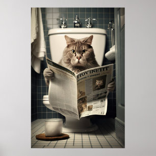 Poster Chat assis sur les toilettes Lire un journal