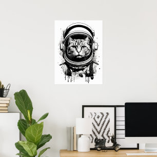 Poster Chat astronaute noir et blanc