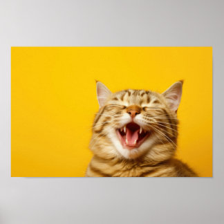 Poster Chat au gingembre de rire sur Arrière - plan Jaune