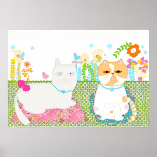 Poster Chat au jardin printanier Illustration artistique.