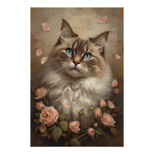 Poster Chat aux Yeux Bleus avec des Roses – Élégante Affi